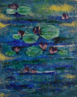 Waterlilies: Beeswax, dry pigments oil painting on a gallery style wooden panel ready for display Size: 24 inches x 30 inches
